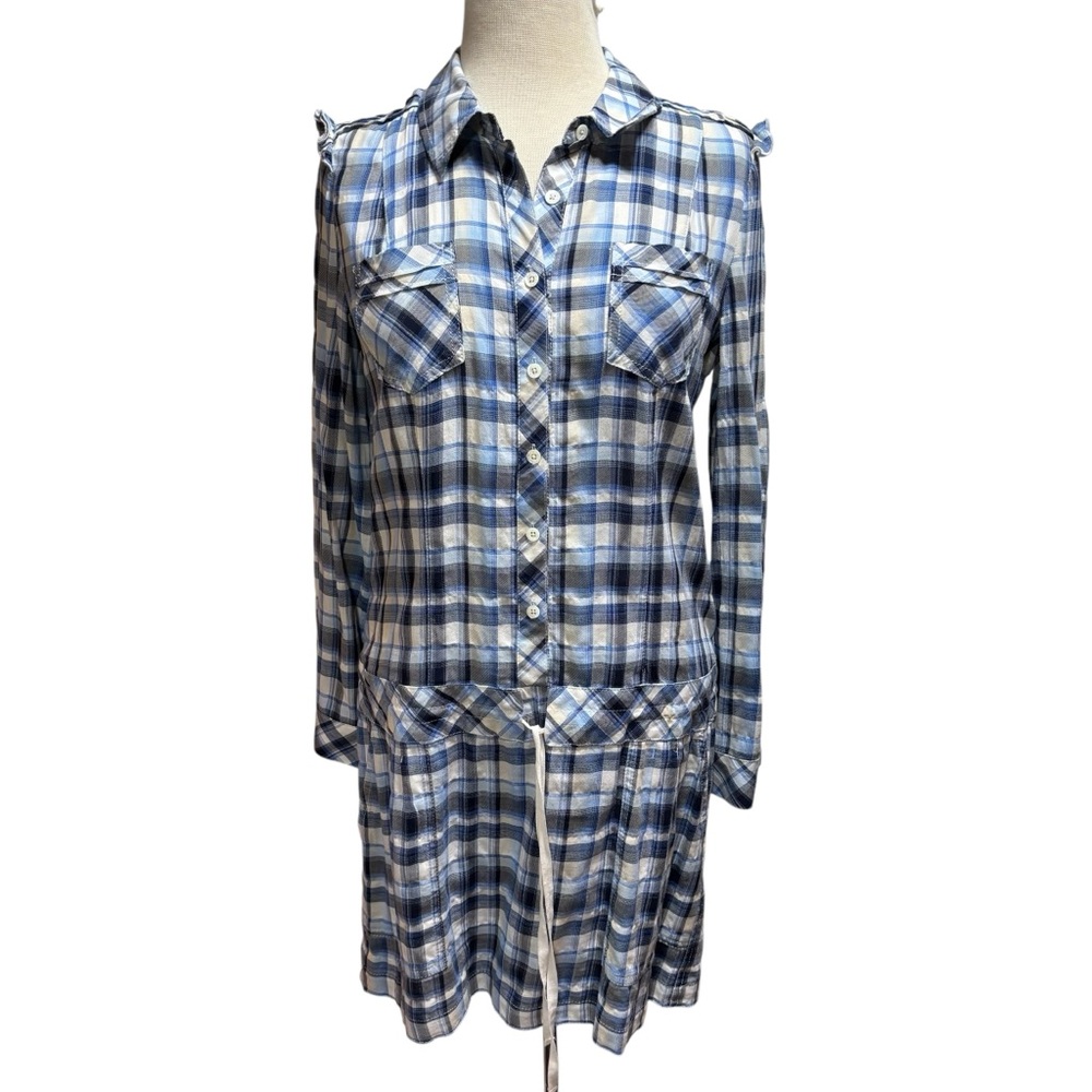 Juicy Couture Blue White Plaid Ruffle Shoulder Button Front Shirt Dress 8 #341